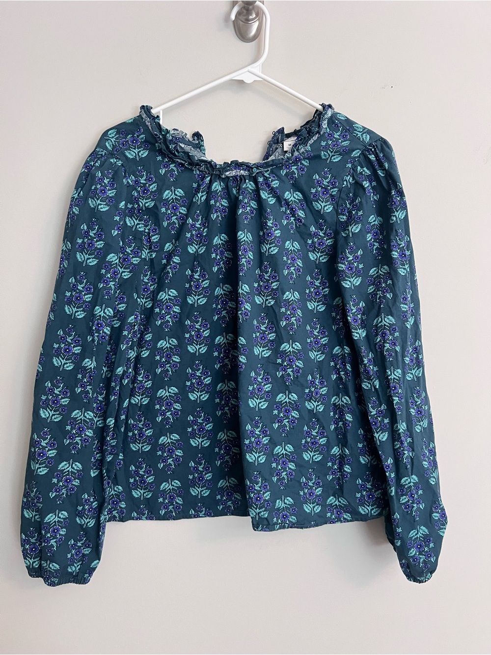 J. Crew Teal Floral Peasant Blouse with Ruffle Neck